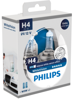 หลอดไฟรถยนต์ Philips H4 White Vision 12V 60/55W แพ็คคู่ + W5W