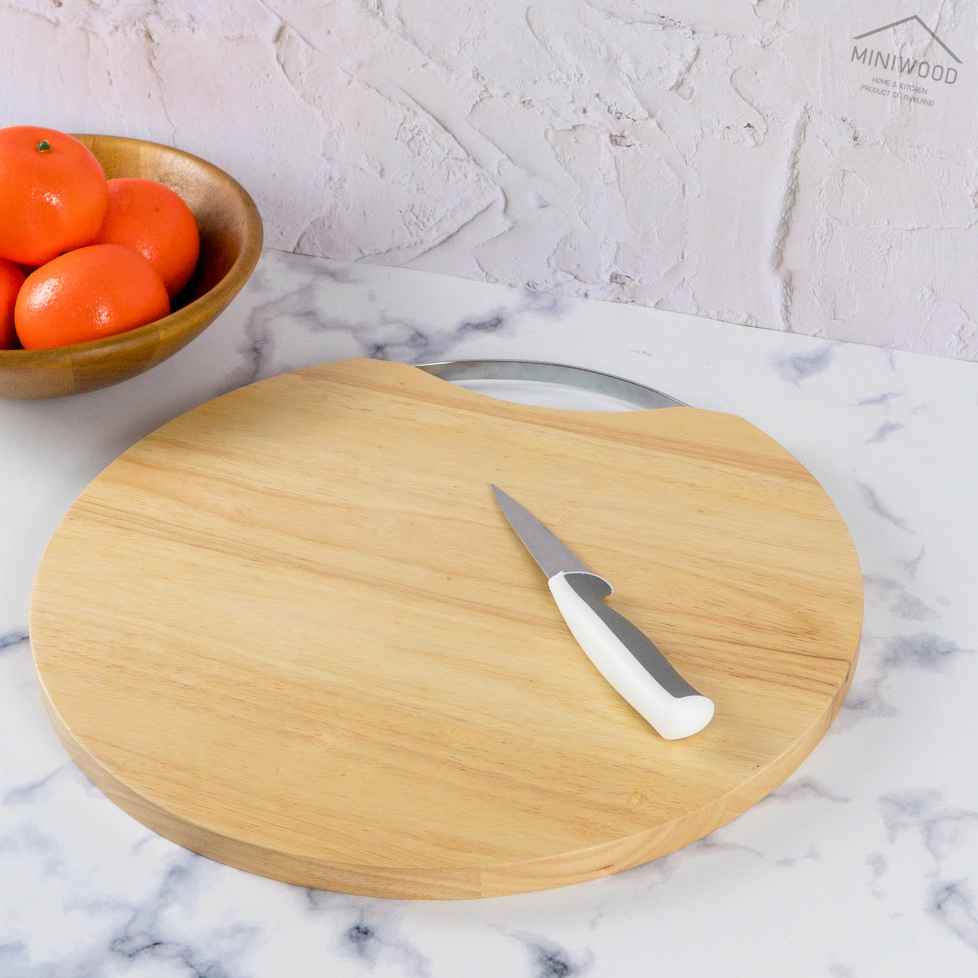 MINIWOOD เขียงหูหิ้วกลม เขียงไม้ยางพารา เส้นผ่านศูนย์กลาง 38 cm หูจับโลหะ Chopping Board
