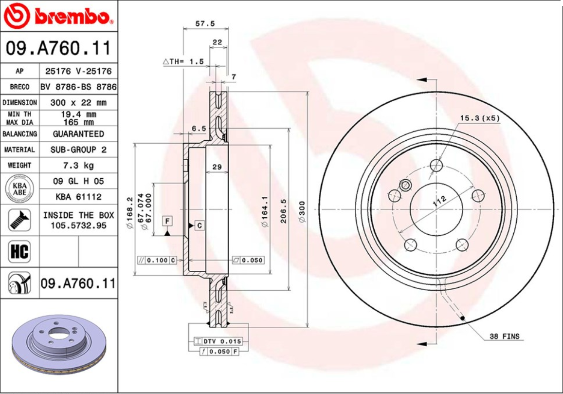 จานเบรค Mercedes-Benz W204 C250 350 (คู่หลัง) ปี 2011 - 2014 / Brembo
