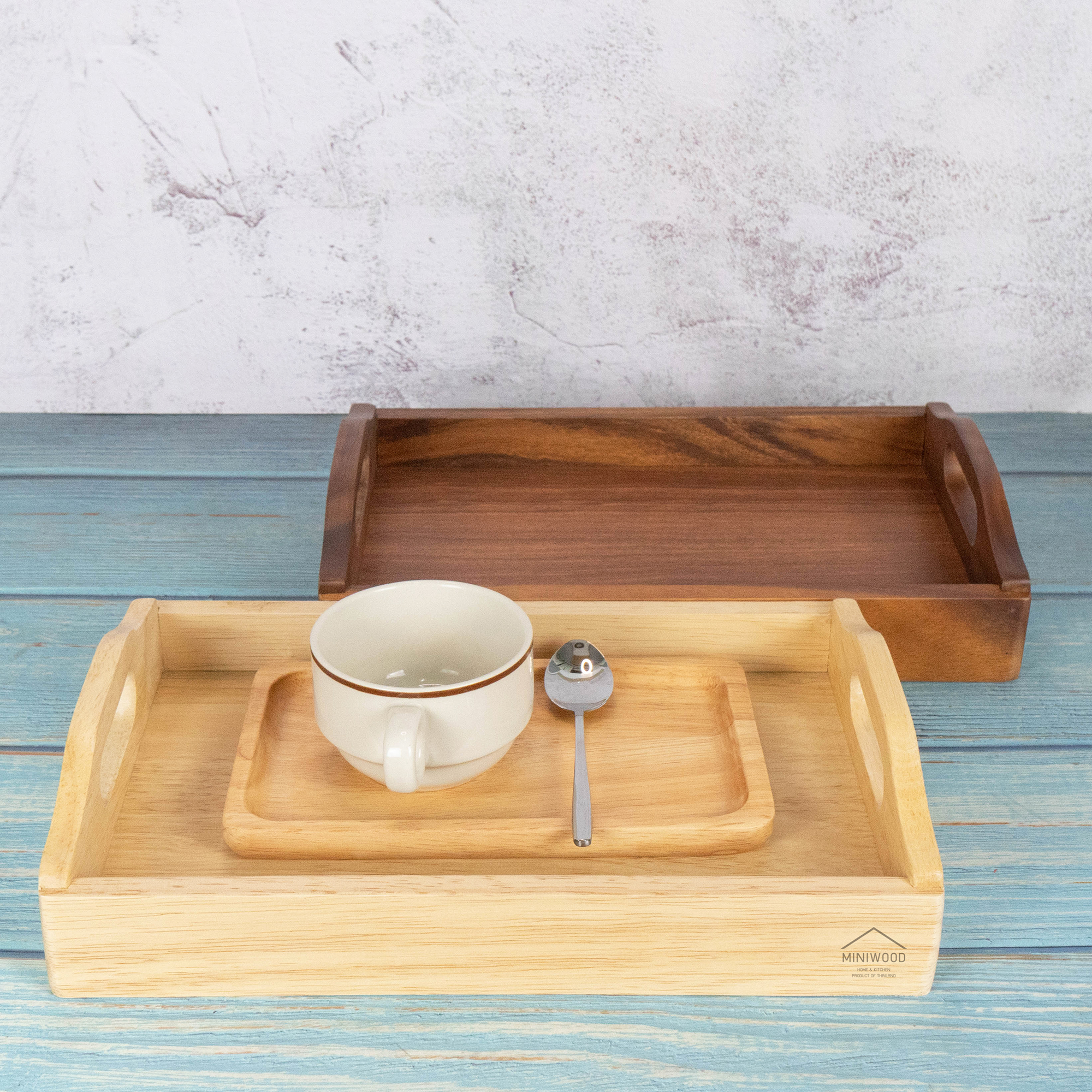MINIWOOD ถาดเสิร์ฟ หูจับโค้ง ถาดไม้ Wooden Tray ไม้ยางพารา