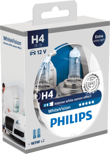 หลอดไฟรถยนต์ Philips H4 White Vision 12V 60/55W แพ็คคู่ + W5W