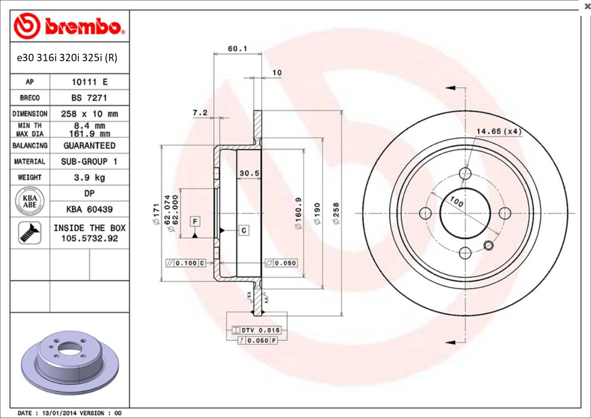 จานเบรค BMW E30 316i 320i 325i (คู่หลัง) ปี 1982- 1992 / Brembo