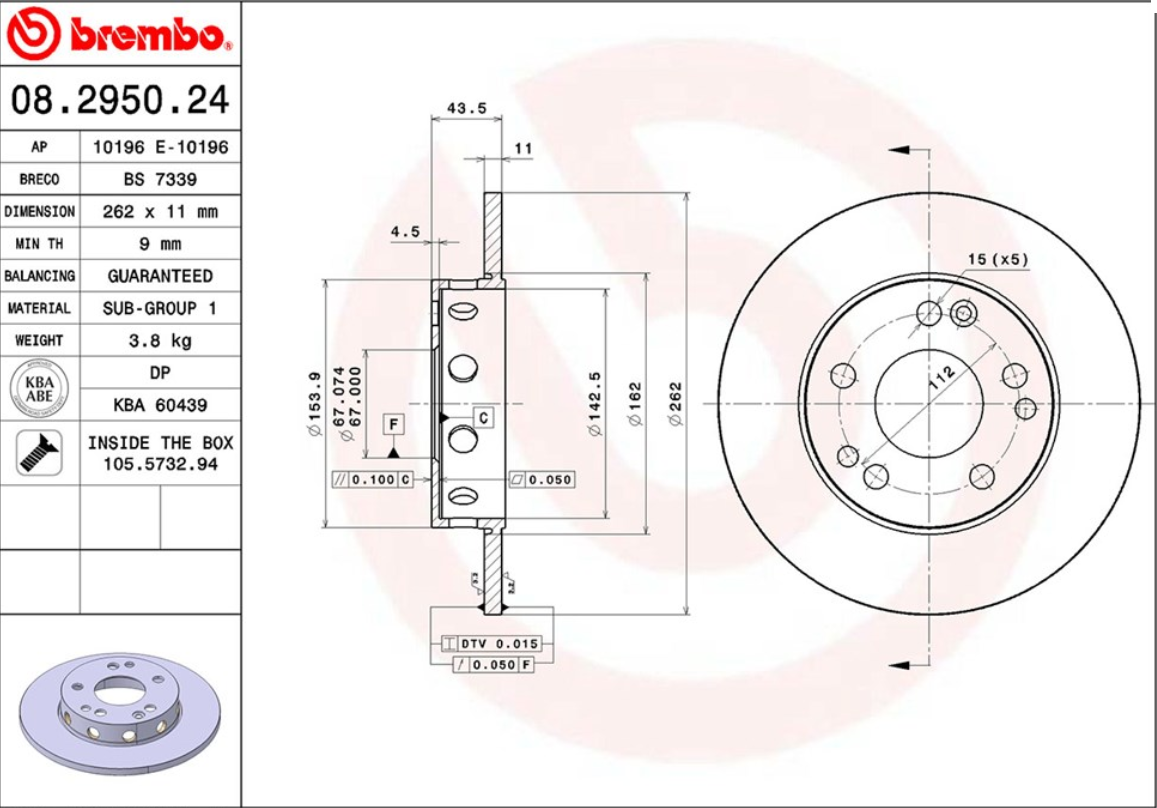 จานเบรค Mercedes-Benz W201 190E 1.8 (คู่หน้า) ปี 1992 - 1995 / Brembo