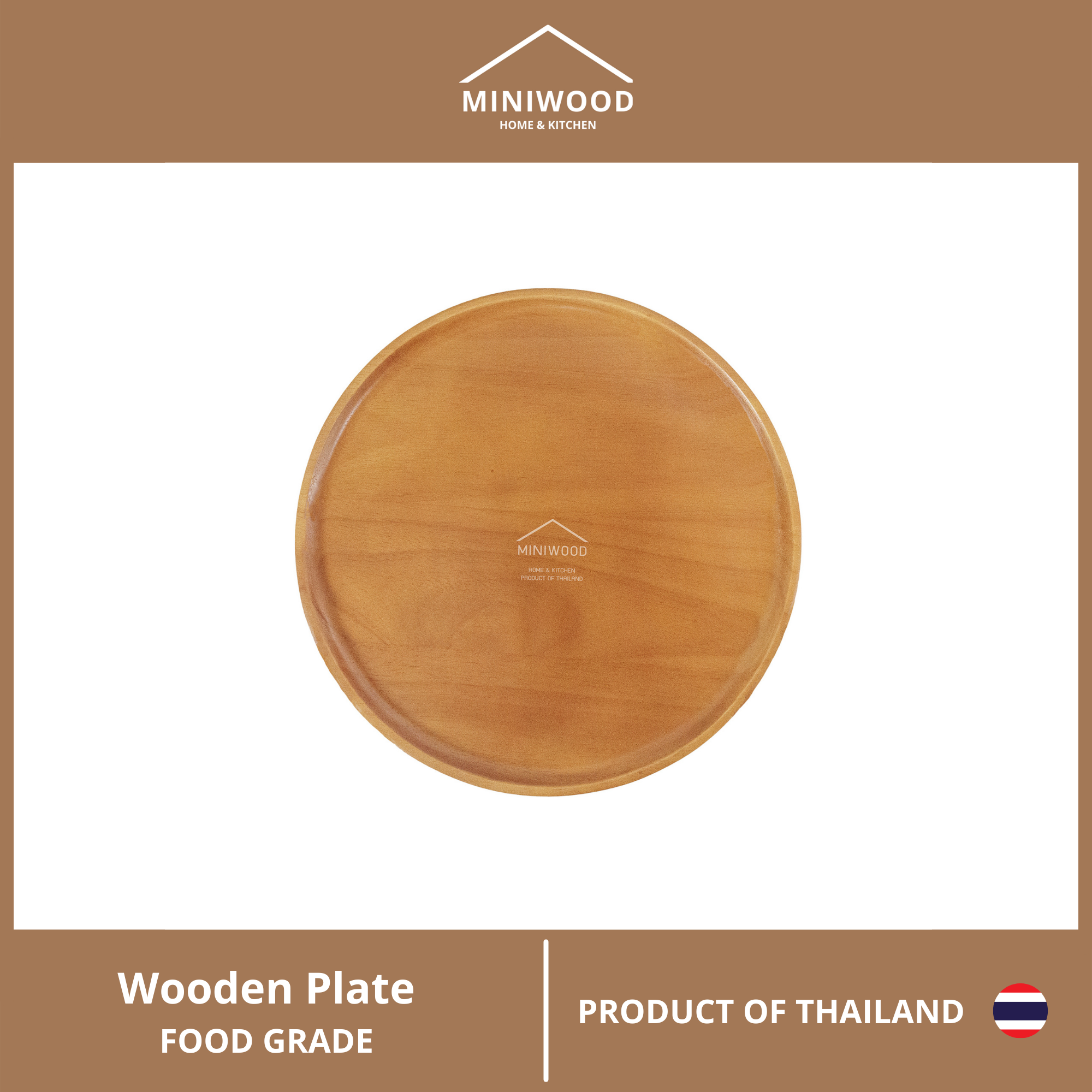 MINIWOOD จานไม้ ทรงกลม จานไม้ใส่อาหาร ถาดไม้ Food grade Wooden plate ไม้ยางพาราสีไม้เชอรี่