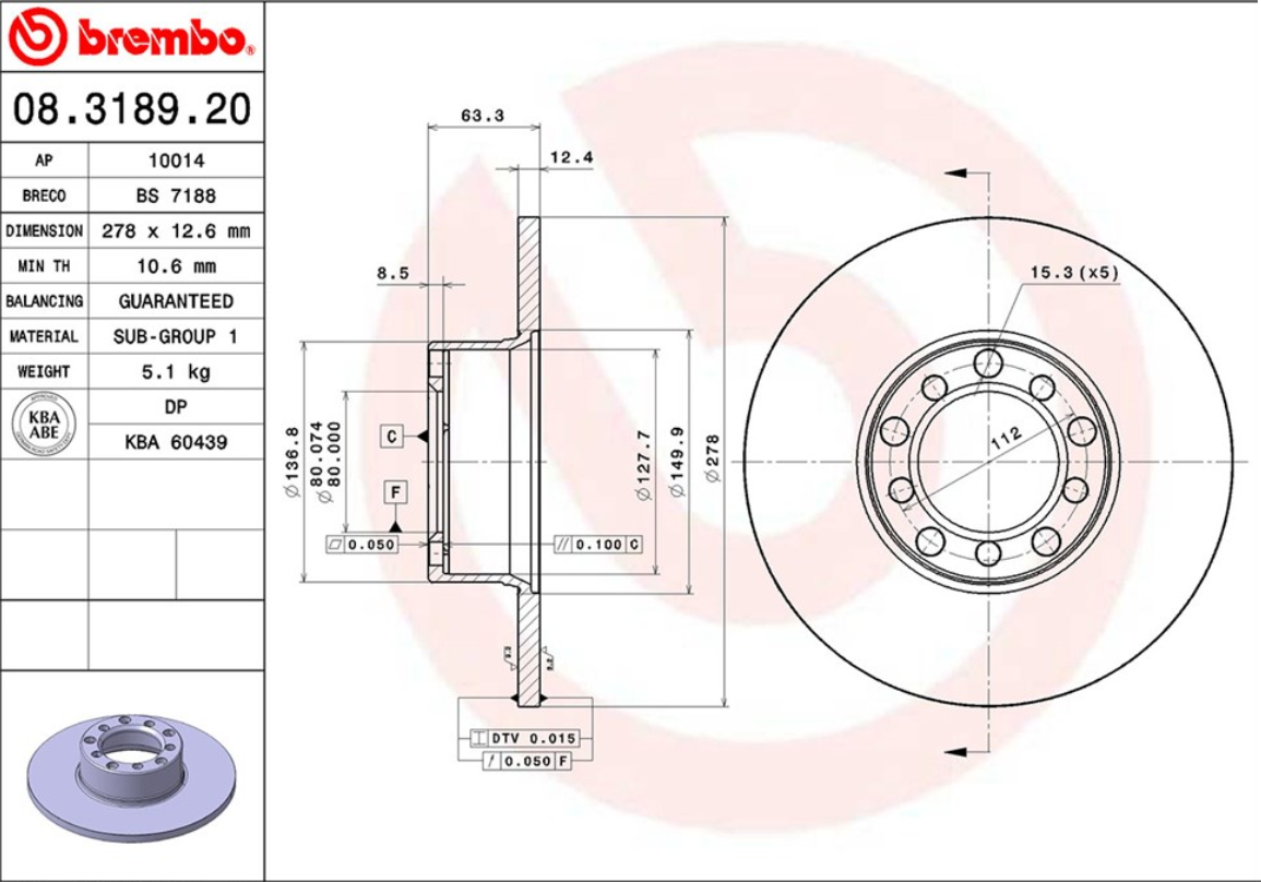 จานเบรค Mercedes-Benz W123 E200-300 (คู่หน้า) ปี 1976 - 1985 / Brembo