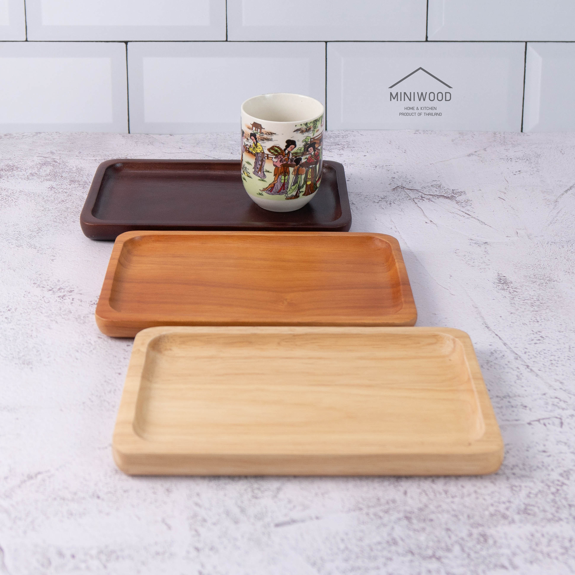 MINIWOOD จานไม้ ทรงสี่เหลี่ยม จานไม้ใส่อาหาร ถาดไม้ Food grade Wooden plate ไม้ยางพารา มี 2 ขนาด