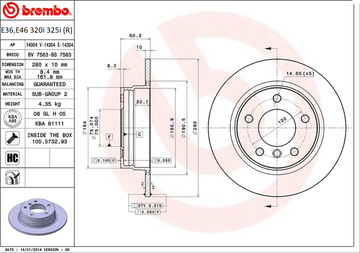 จานเบรค BMW E36 E46 320i 325i (คู่หลัง) ปี 1990- 2005 / Brembo