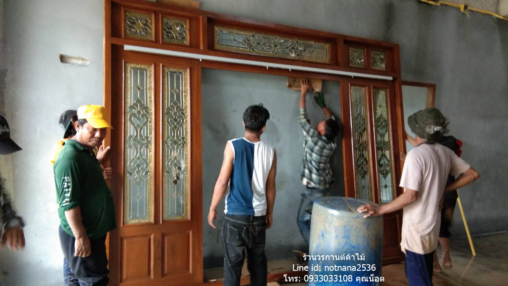 ประตูไม้สักกระจกนิรภัยบานเลื่อนชุด7ชิ้นเกรดA,B รหัส597