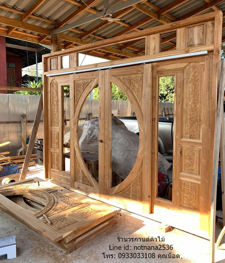 ประตูไม้สักกระจกนิรภัยบานเลื่อนชุด7ชิ้นเกรดB รหัสB056