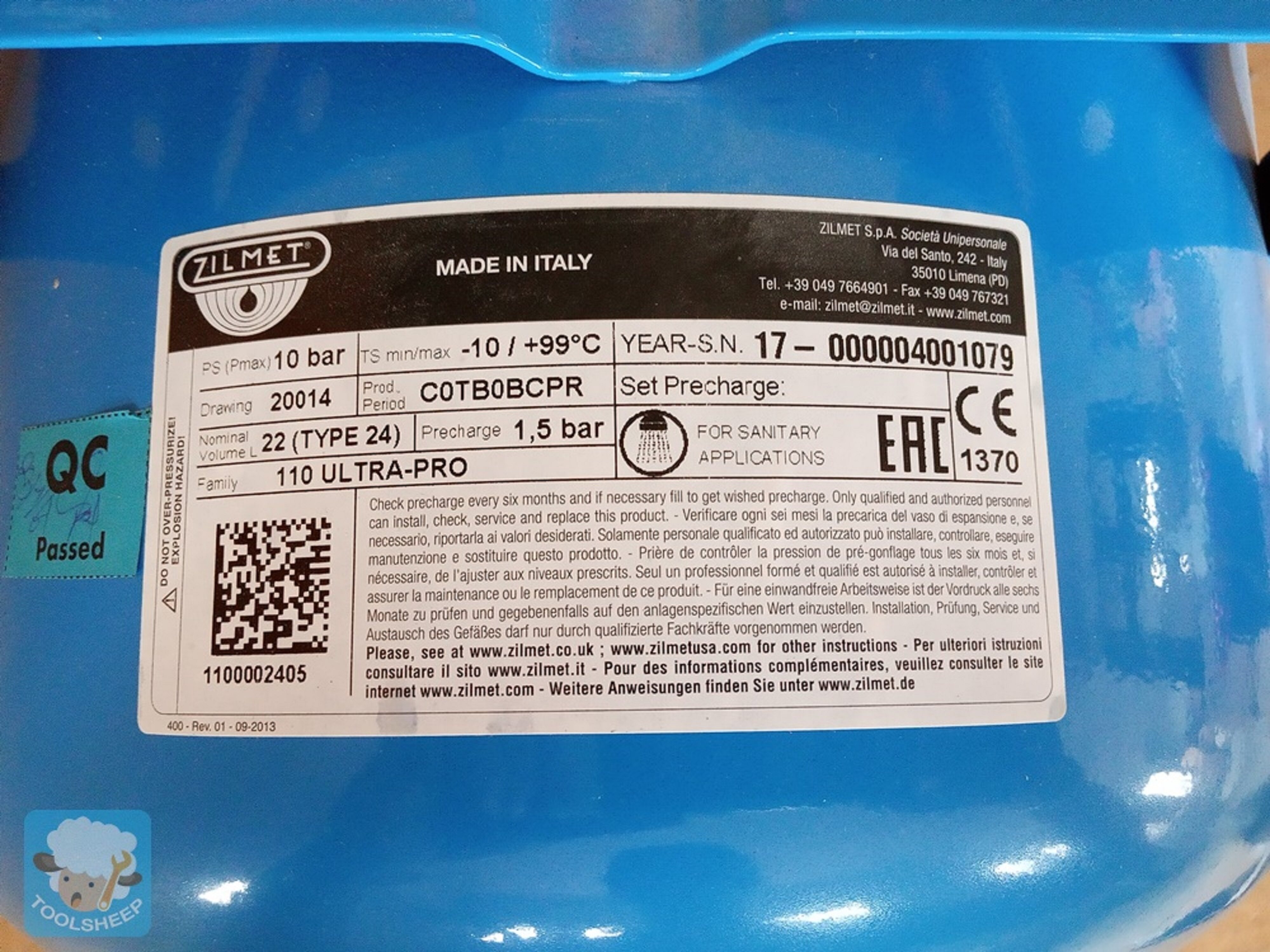 ถังแรงดัน ZILMET ขนาด 24 ลิตร (แนวนอนพร้อมขาตั้ง)