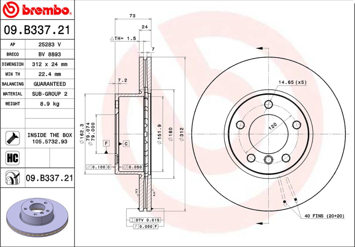 จานเบรค BMW E90 (คู่หน้า) ปี 2005 ขึ้นไป / Brembo