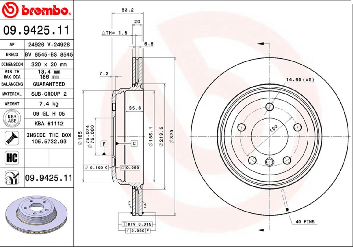 จานเบรค BMW E60 E61 ซีรี่ส์ 6 E63 (คู่หลัง) ปี 2003 - 2010 / Brembo
