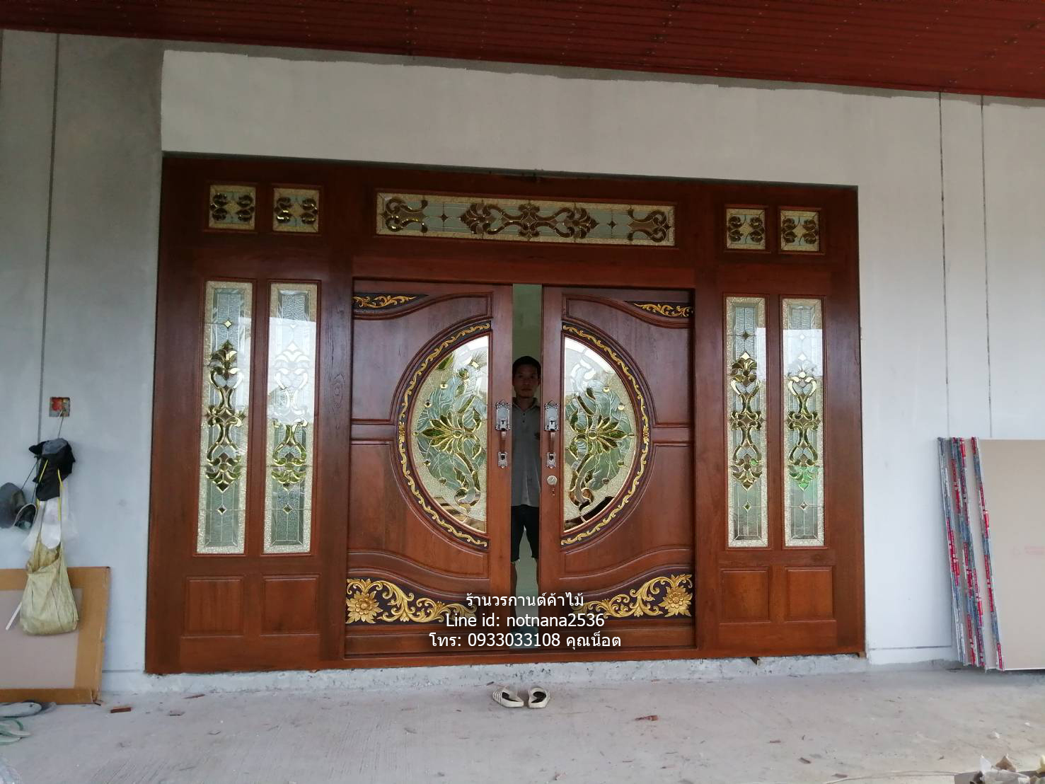ประตูไม้สักกระจกนิรภัยบานเลื่อนชุด7ชิ้นเกรดA,Bรหัส414