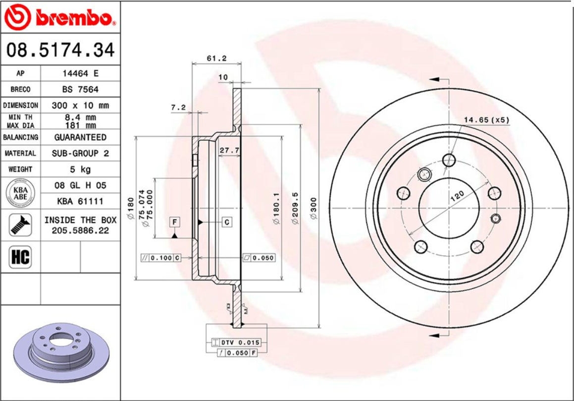 จานเบรค BMW E34 520i 525i (คู่หลัง) ปี 1987 - 1995 / Brembo