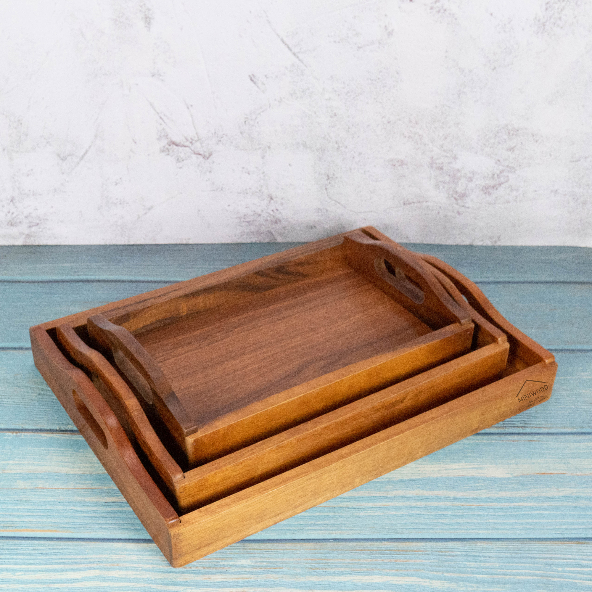 MINIWOOD ถาดเสิร์ฟ หูจับโค้ง ถาดไม้ Wooden Tray ไม้จามจุรี
