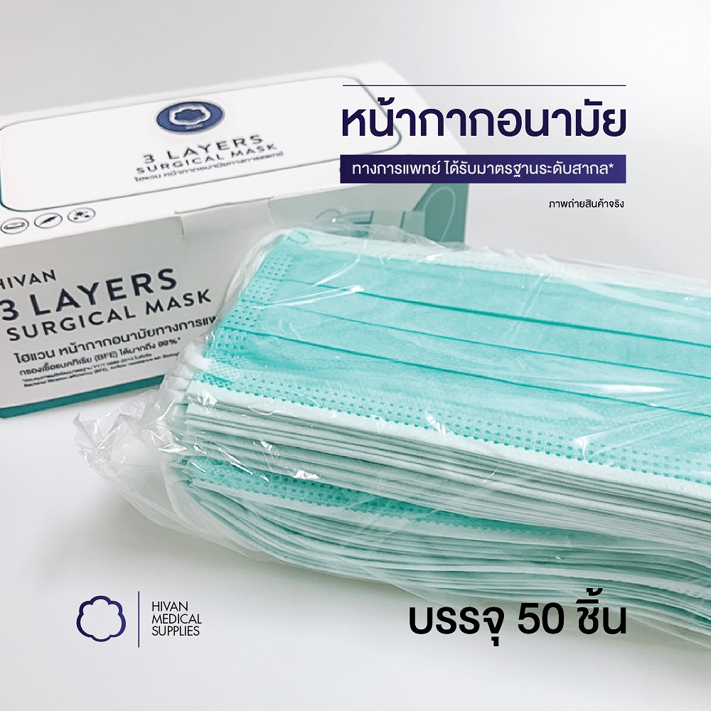 หน้ากากอนามัยทางการแพทย์ ยี่ห้อ HIVAN (50ชิ้น/กล่อง)