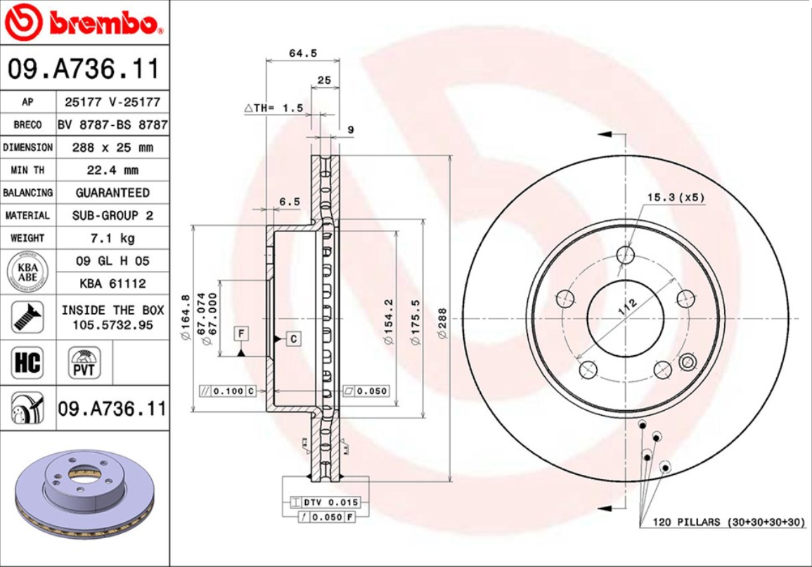 จานเบรค Mercedes-Benz W204 C180 200 (คู่หน้า) ปี 2011 - 2014 / Brembo