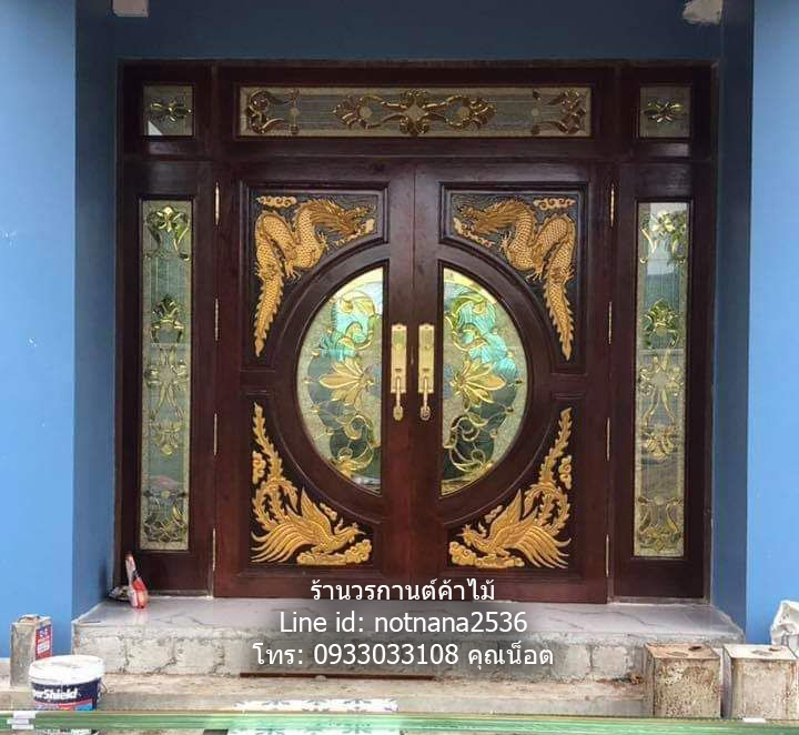 ประตูไม้สักกระจกนิรภัยบานเลื่อนชุด7ชิ้นเกรดA,B รหัสAAA108