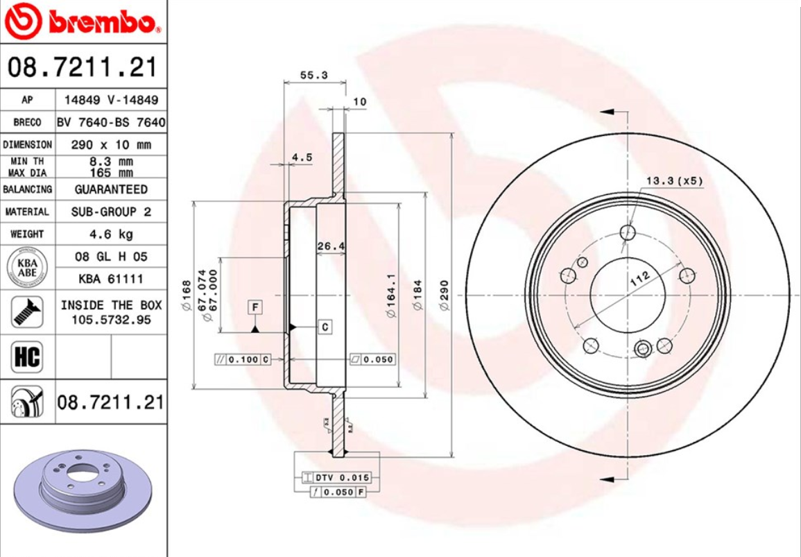 จานเบรค Mercedes-Benz W210, W203, C208 C209 CLK, R171 (คู่หลัง) ปี 1997 - 2003 / Brembo