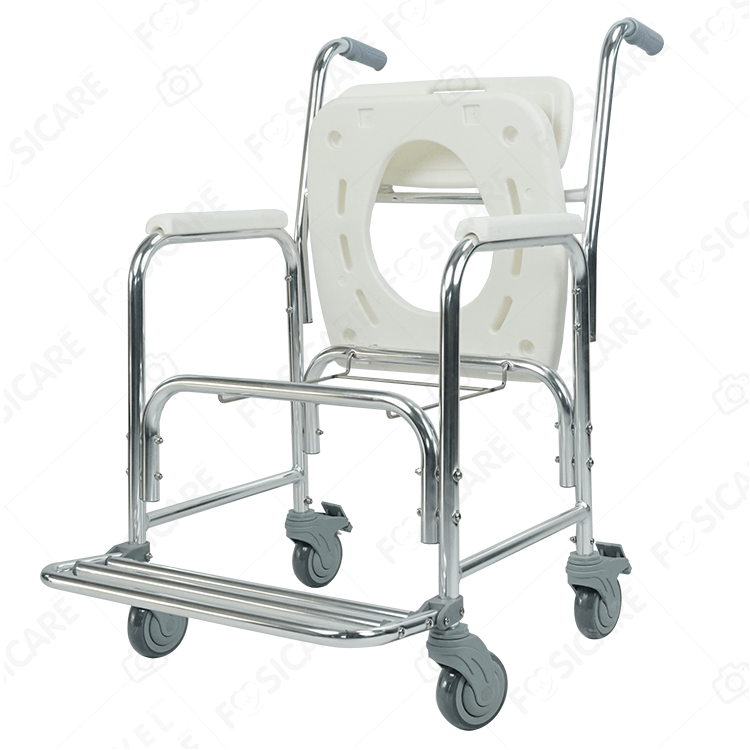 เก้าอี้นั่งถ่ายพร้อมอาบน้ำ โครงสร้างอะลูมิเนียมอัลลอย รุ่น W-05 เบาะแข็ง ฐานมีล้อ พร้อมพนักวางเท้า