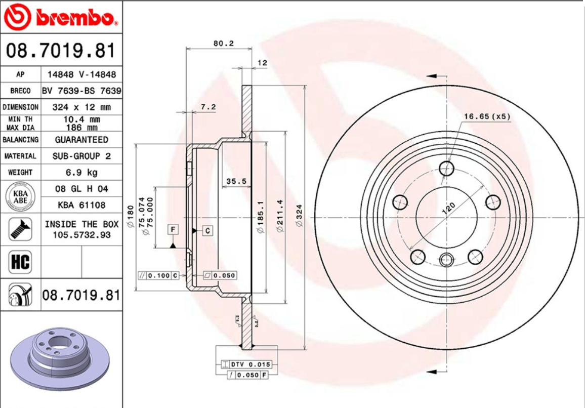 จานเบรค BMW X3 E83, X5 E53 (คู่หลัง) ปี 2000 ขึ้นไป / Brembo