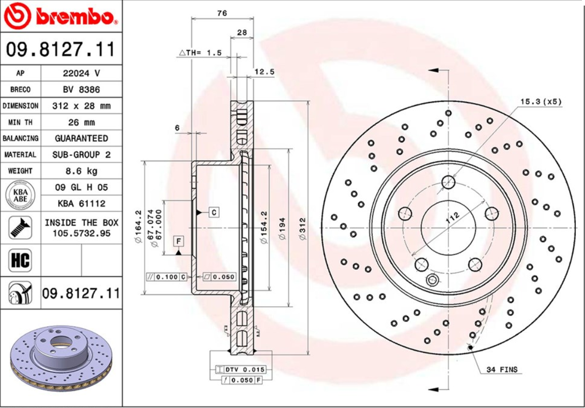 จานเบรค Mercedes-Benz W220 S280 320 (คู่หน้า) ปี 2001 - 2006 / Brembo