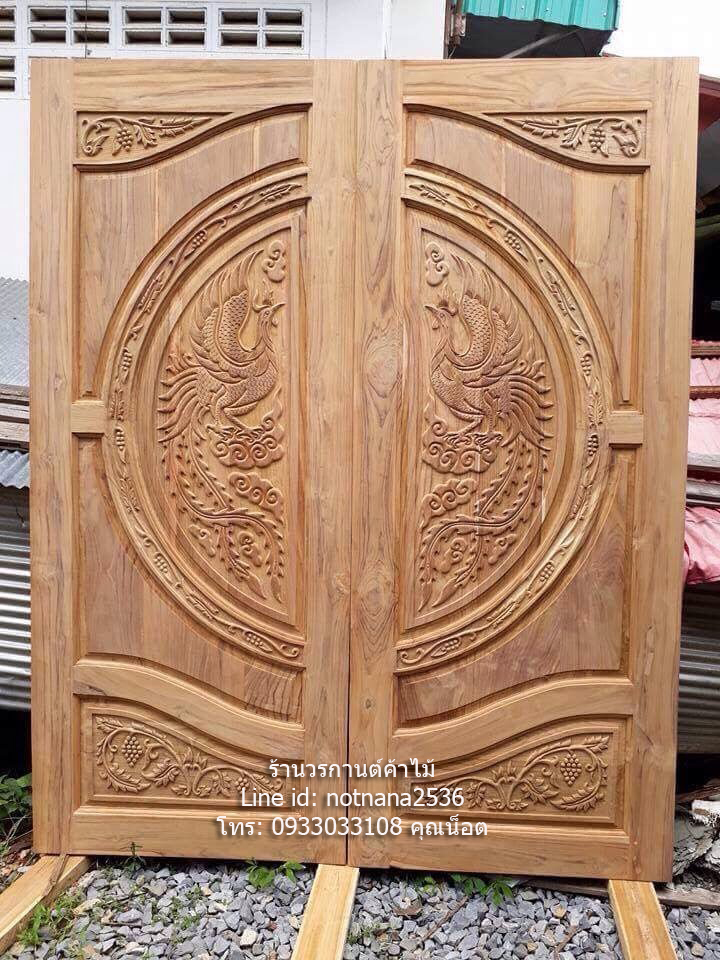 ประตูไม้สักแกะหงส์องุ่นเกรดB รหัสBD07
