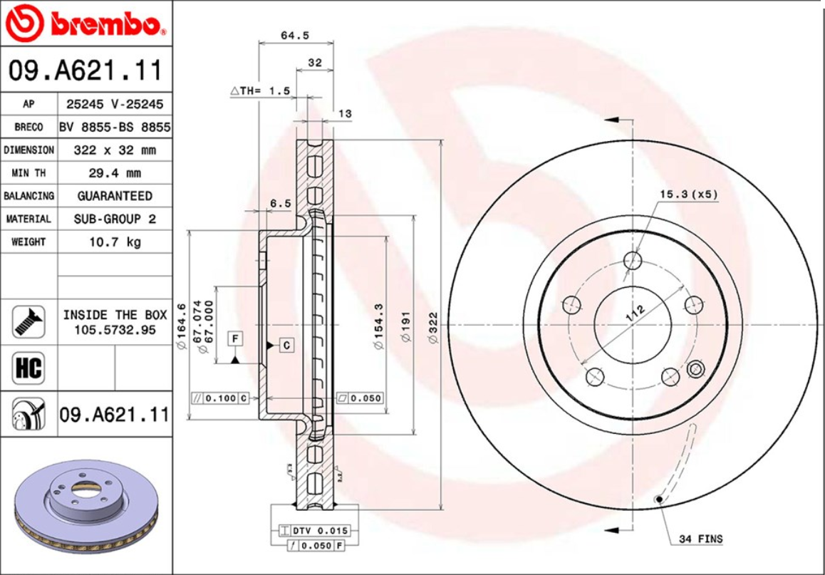 จานเบรค Mercedes-Benz W204 C200-250 (คู่หน้า) ปี 2011 - 2014 / Brembo