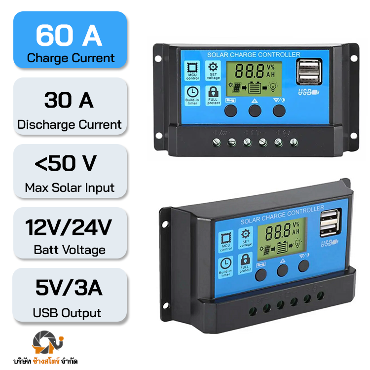 ตัวควบคุมการชาร์จ โซล่าชาร์จเจอร์ PWM 60A ระบบ 12/24V