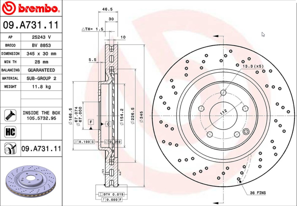 จานเบรค Mercedes-Benz W203, C209, R171 AMG (คู่หน้า) ปี 2000 ขึ้นไป / Brembo