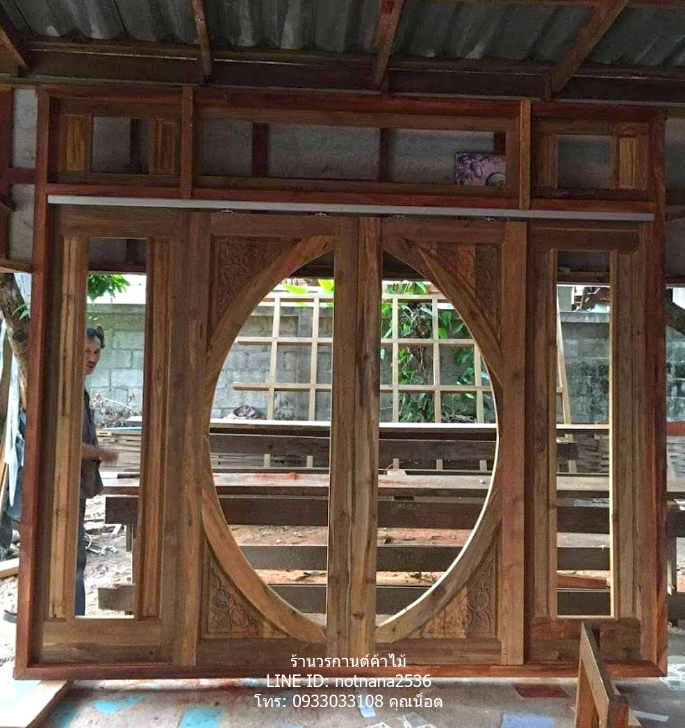 ประตูไม้สักกระจกนิรภัยบานเลื่อนชุด7ชิ้นเกรดA รหัสA134