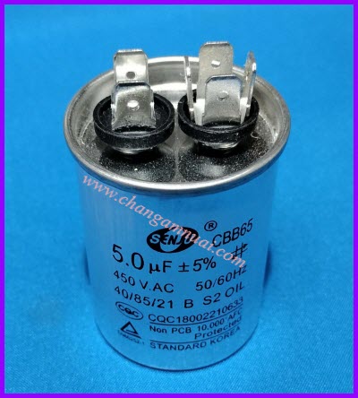 Senju CBB65 คาปาซิสเตอร์ 5uF450V ขั้วเสียบ ตัวอลูมิเนียม เกรดA เกาหลี