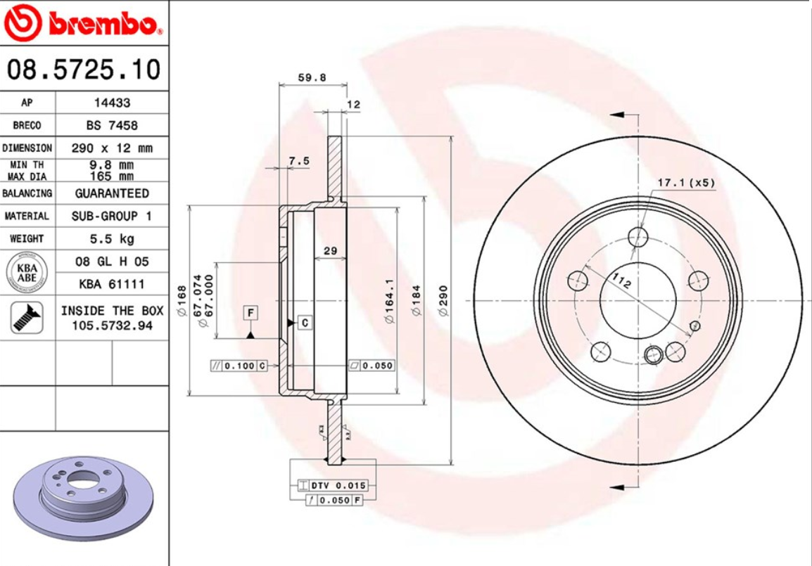 จานเบรค Mercedes-Benz W140 S280-500 (คู่หลัง) ปี 1991 - 1998 / Brembo