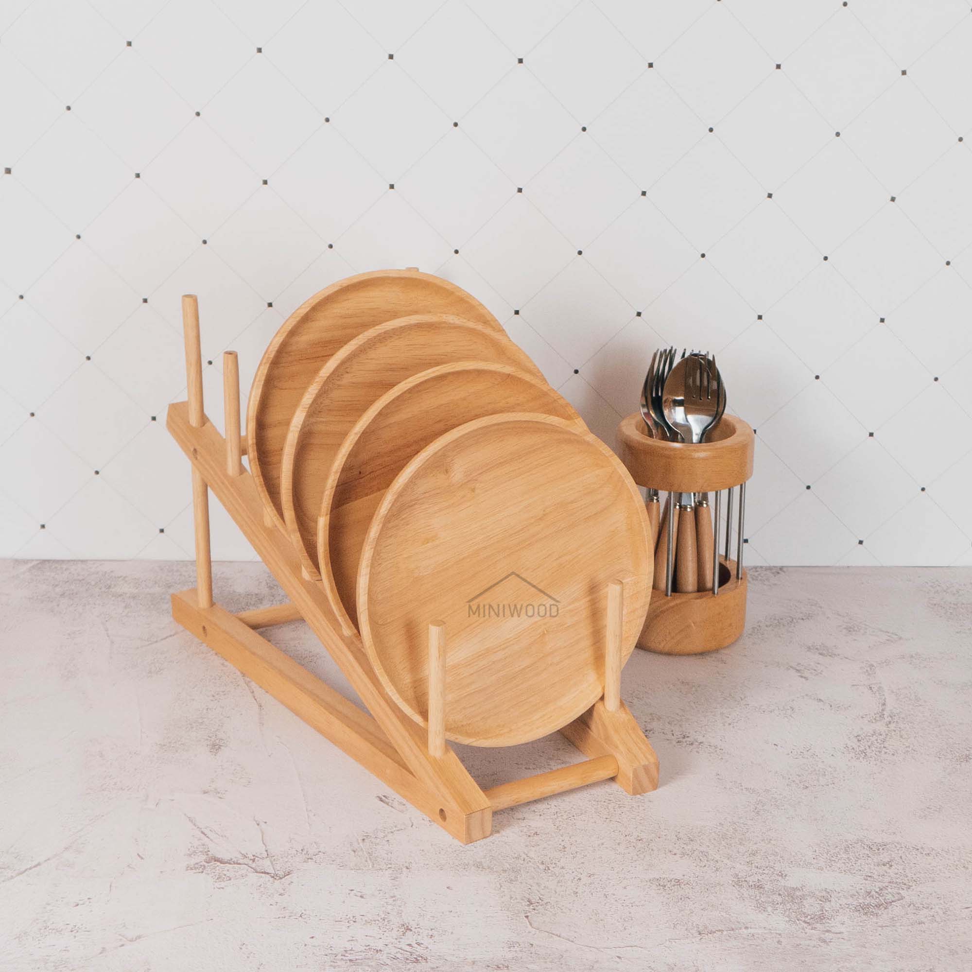 MINIWOOD ที่คว่ำจาน ที่วางจาน ไม้ยางพารา DISH RACK FOOD GRADE (ลูกค้าประกอบ) 6 ช่อง ยกสูง