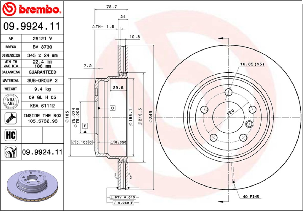 จานเบรค BMW X5 E70, X6 E71 (คู่หลัง) ปี 2007 ขึ้นไป / Brembo