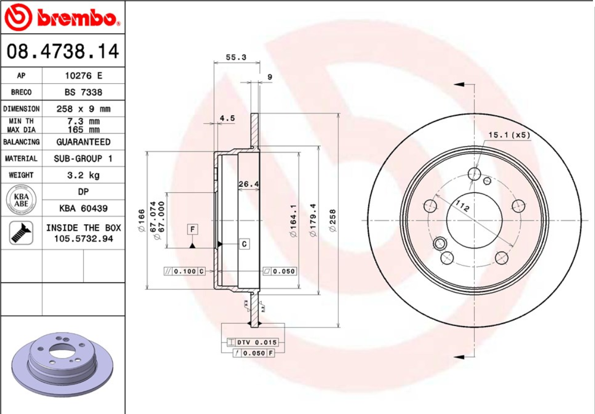 จานเบรค Mercedes-Benz W201 190E 1.8 2.3 2.6 (คู่หลัง) ปี 1992 - 1995 / Brembo