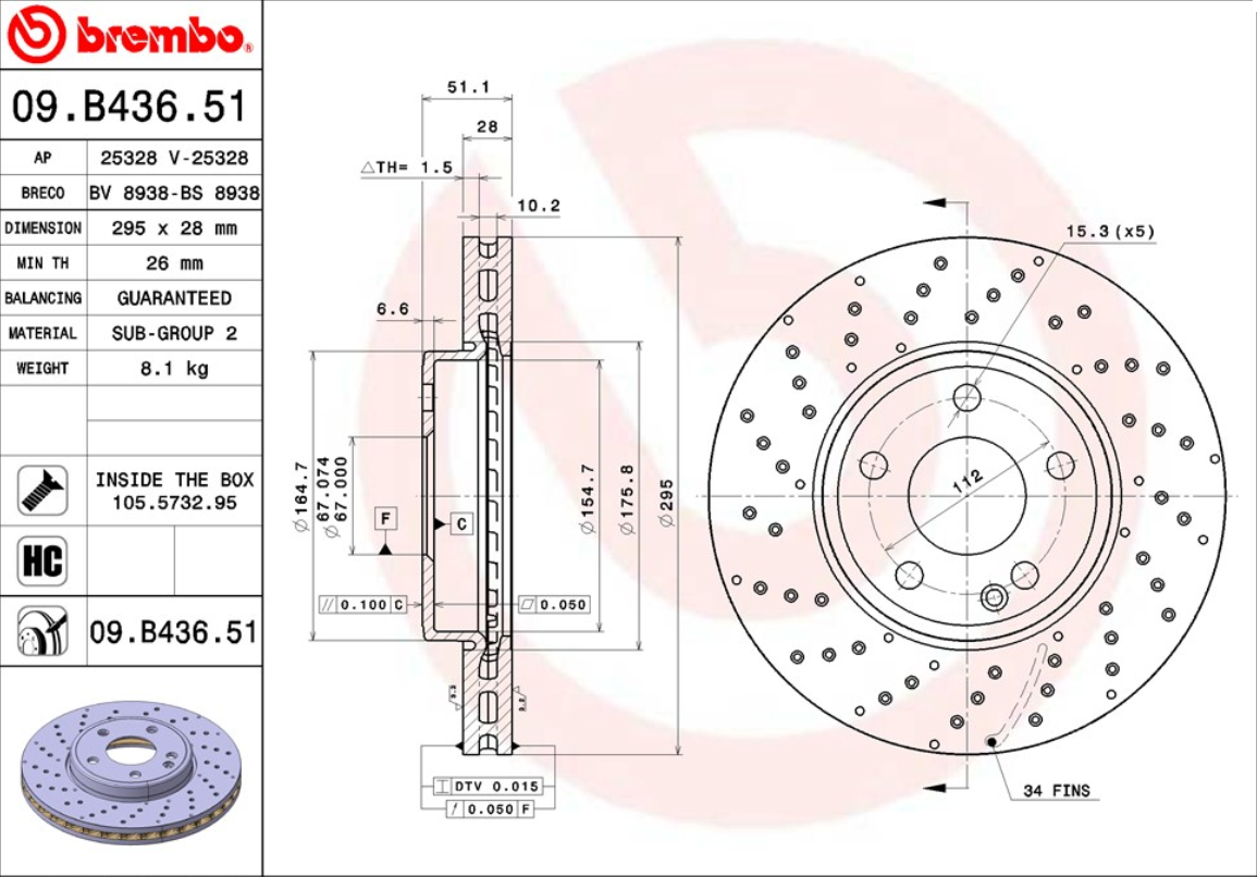 จานเบรค Mercedes-Benz A W176, B W246, CLA C117, GLA X156 (คู่หน้า) ปี 2012 ขึ้นไป (Brembo)