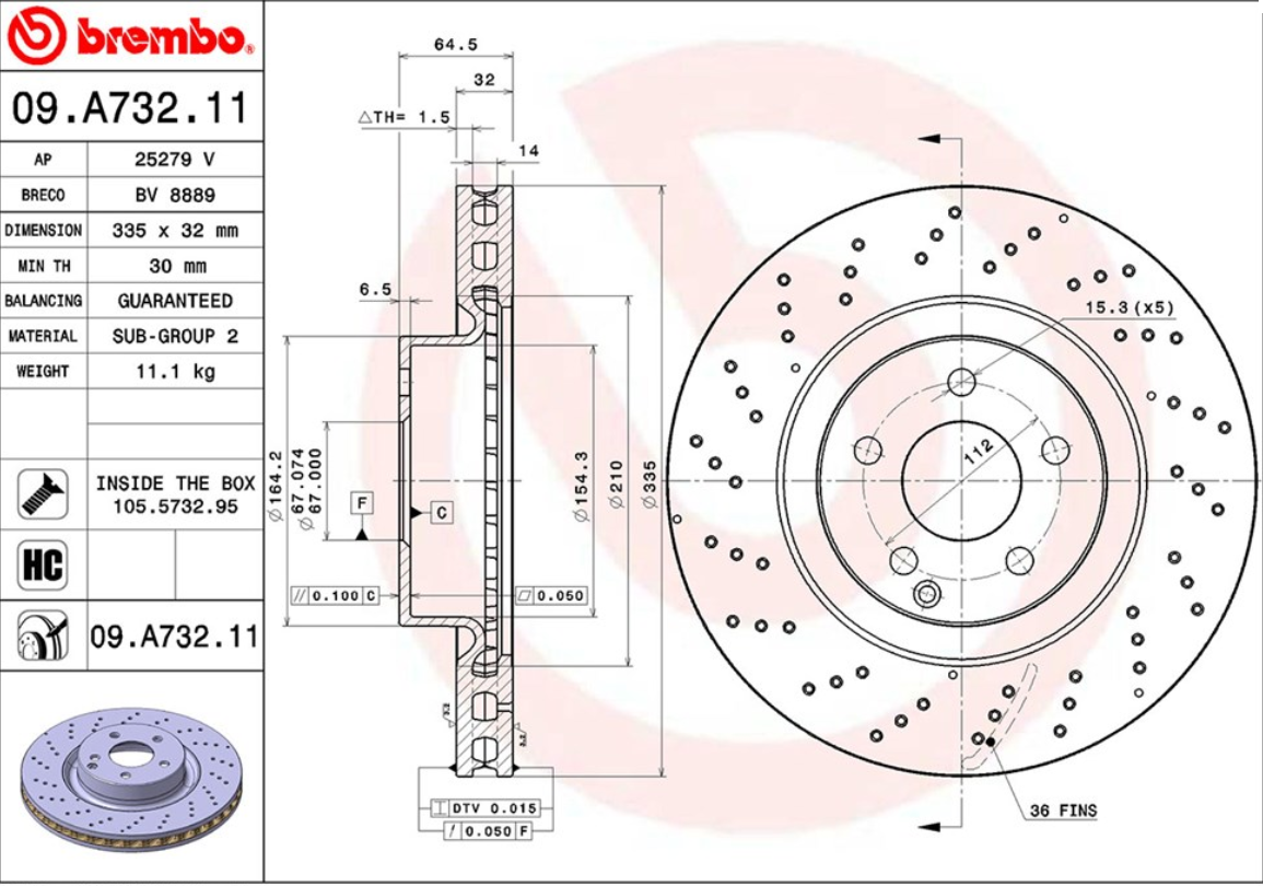 จานเบรค Mercedes-Benz W221 S250-600 (คู่หน้า) ปี 2006 - 2013 / Brembo