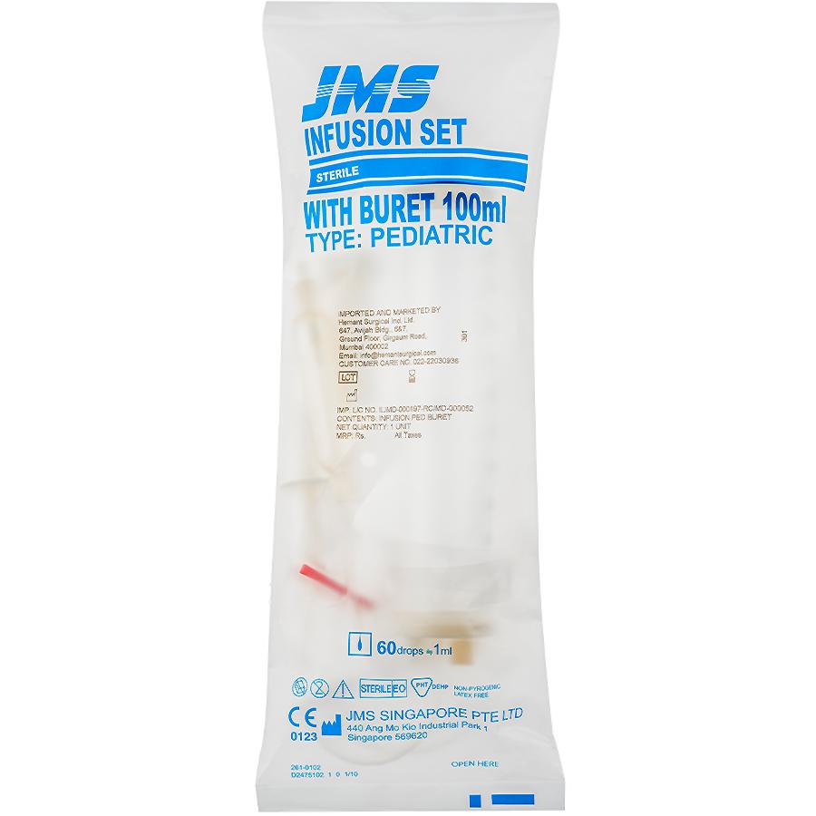 ชุดให้สารละลายทางหลอดเลือดแบบบิวเรตต์ influsion set with buret 100 ml. (แบบสเตอร์ไรด์) ยี่ห้อ JMS