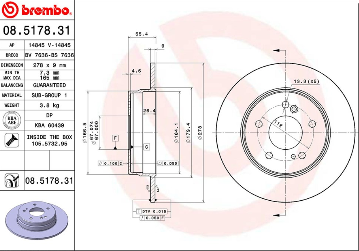 จานเบรค Mercedes-Benz W202 W203, W210, C208 C209 CLK, R170/171 SLK, CL203 CLC (คู่หลัง) ปี 1997 ขึ้นไป / Brembo