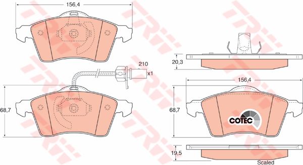 ผ้าเบรค TRW ล้อหน้า Volkswagen Caravelle VR6 2.8 ปี 2000 ขึ้นไป COTEC (GDB1391)