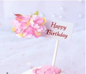 ป้ายปักเค้ก HBD ดอกไม้ชมพู