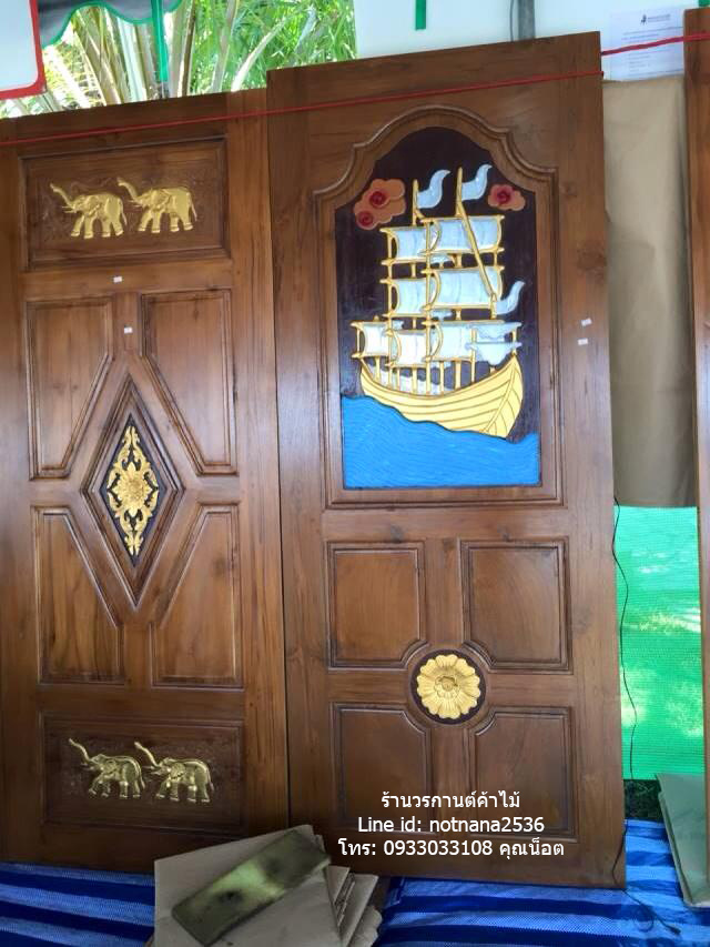 ประตูไม้สักแกะเรือสำเภาจีนเกรดA,B รหัสC117