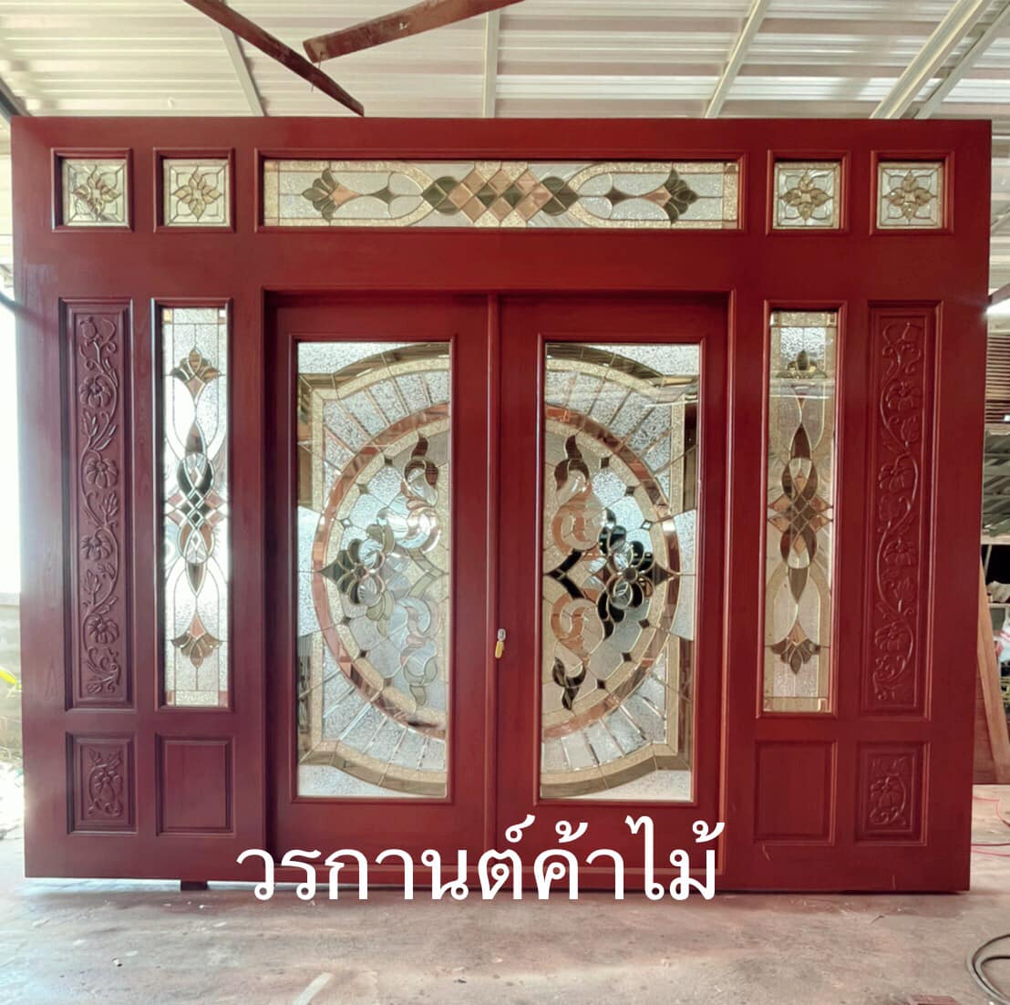 ประตูไม้สักกระจกนิรภัยบานเลื่อนชุด7ชิ้นเกรดA,B รหัส639