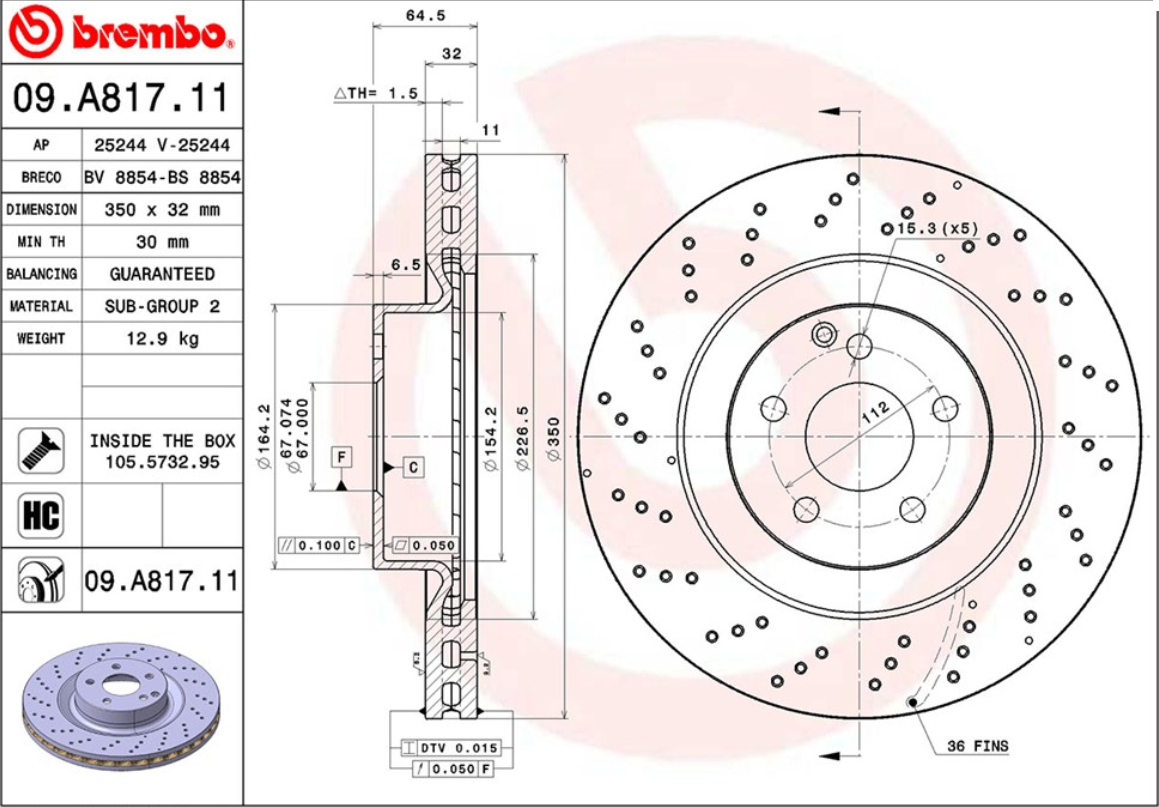 จานเบรค Mercedes-Benz W221 S250-600 (คู่หน้า) ปี 2006 - 2013 / Brembo
