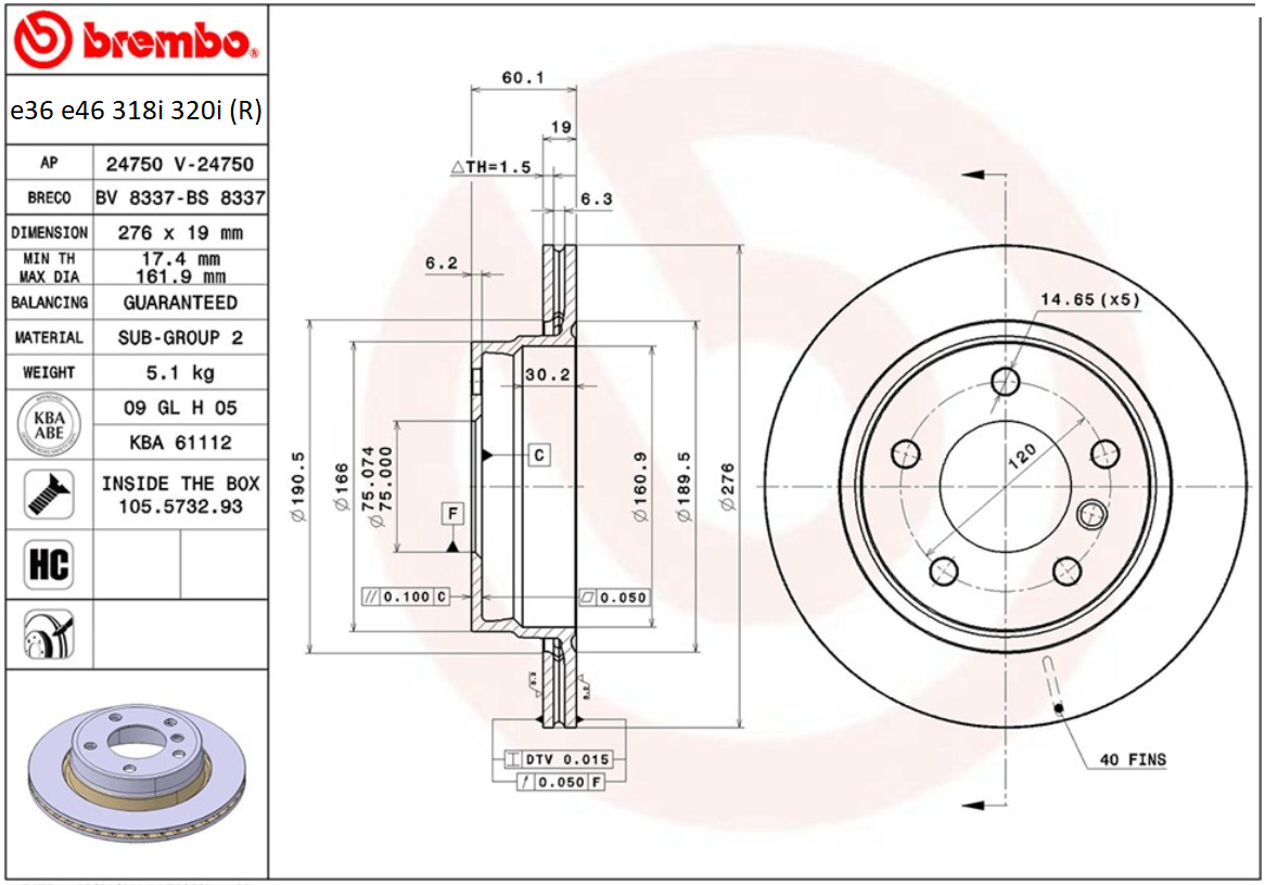 จานเบรค BMW E36 E46 318i 320i (คู่หลัง) ปี 1990- 2005 / Brembo