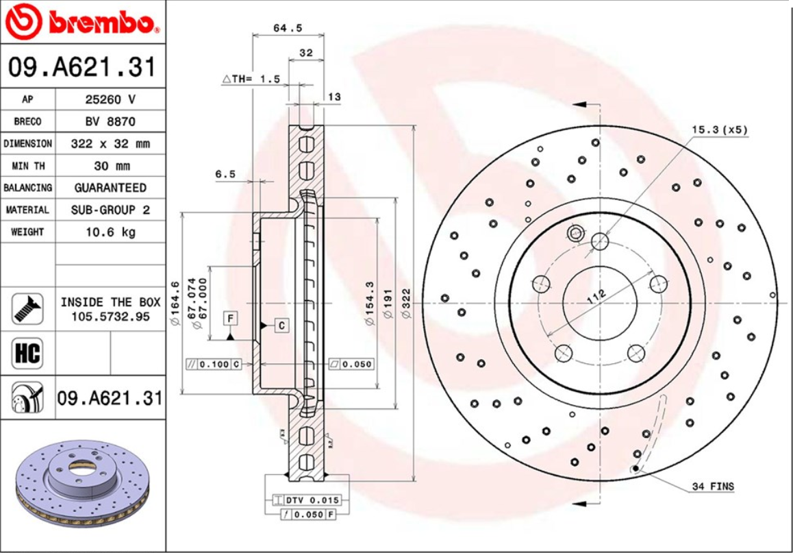 จานเบรค Mercedes-Benz W212 E200 220, C207 E-Coupe (HC UV Dr) (คู่หน้า) ปี 2009 ขึ้นไป / Brembo