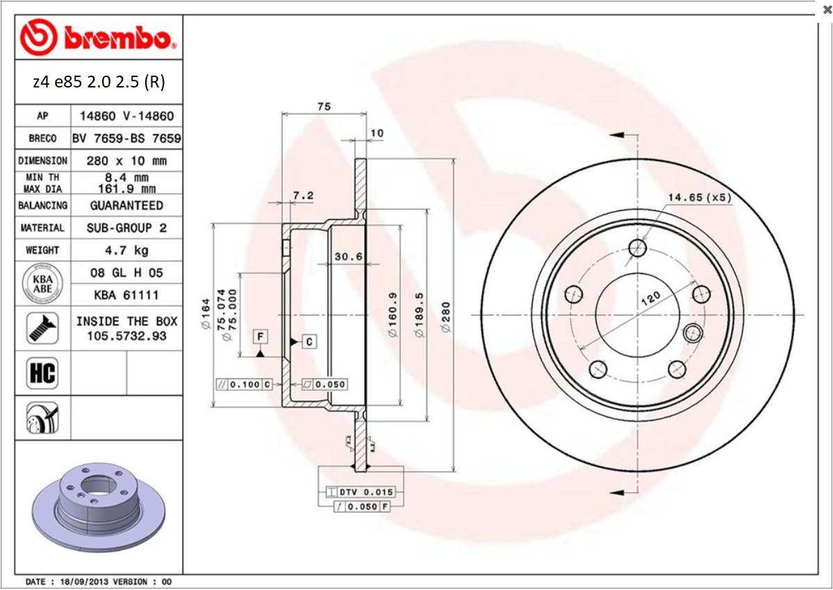 จานเบรค BMW Z4 E85 2.0 2.5 (คู่หลัง) ปี 2003- 2009 / Brembo