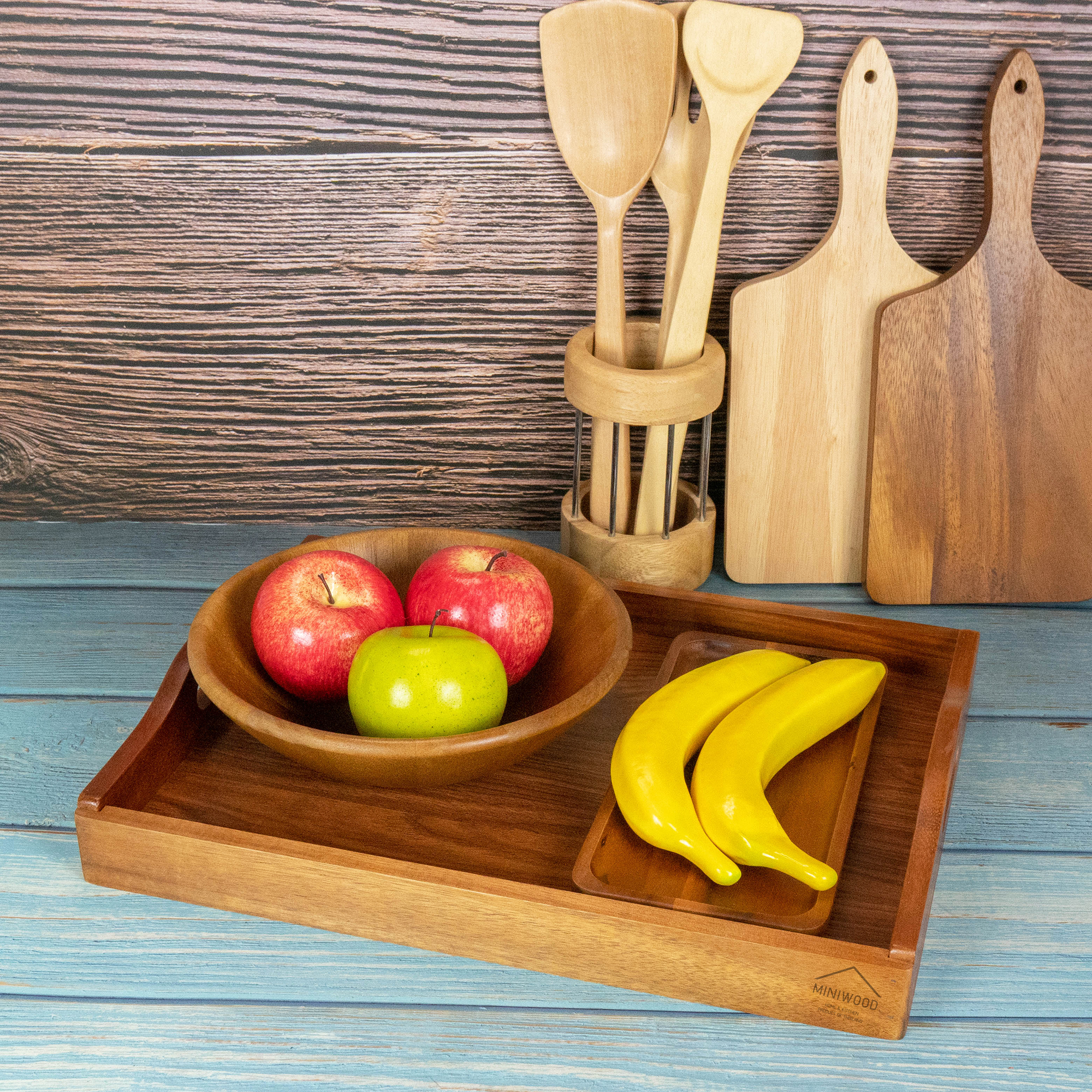 MINIWOOD ถาดเสิร์ฟ หูจับโค้ง ถาดไม้ Wooden Tray ไม้จามจุรี