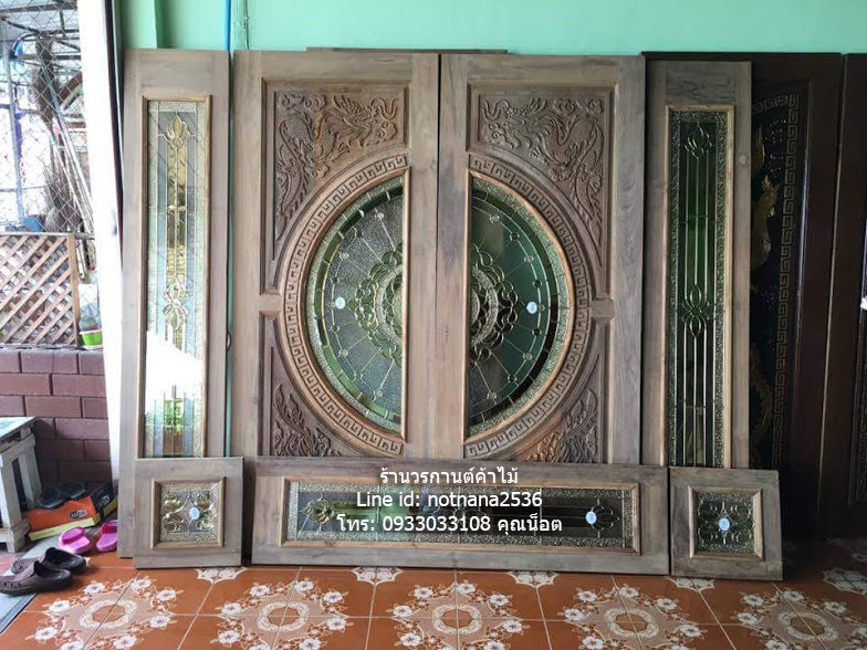 ประตูไม้สักกระจกนิรภัยบานเฟี้ยมชุด7ชิ้นเกรดA รหัสA031